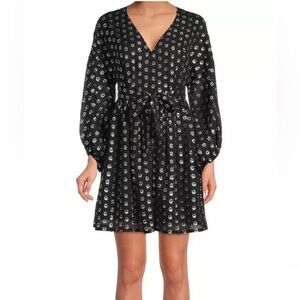 a love’s a Sz L Black & Silver Clip Dot Pattern V-neck Obsidian Mini Dress NWT